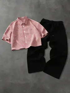 Men's Short Sleeve Gingham Shirt and Casual Long Pants Set, Perfect for Daily, Friend Gatherings, and Relaxing Weekends