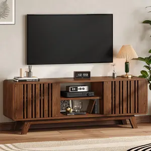 ONBRILL 63(70)-Inch TV Stand for TVs up to 80 Inch, Mid-Century Modern Television Stand with Power Outlet, Entertainment Center with Sliding Grille Door Cabinets and Open Shelves for Living Room