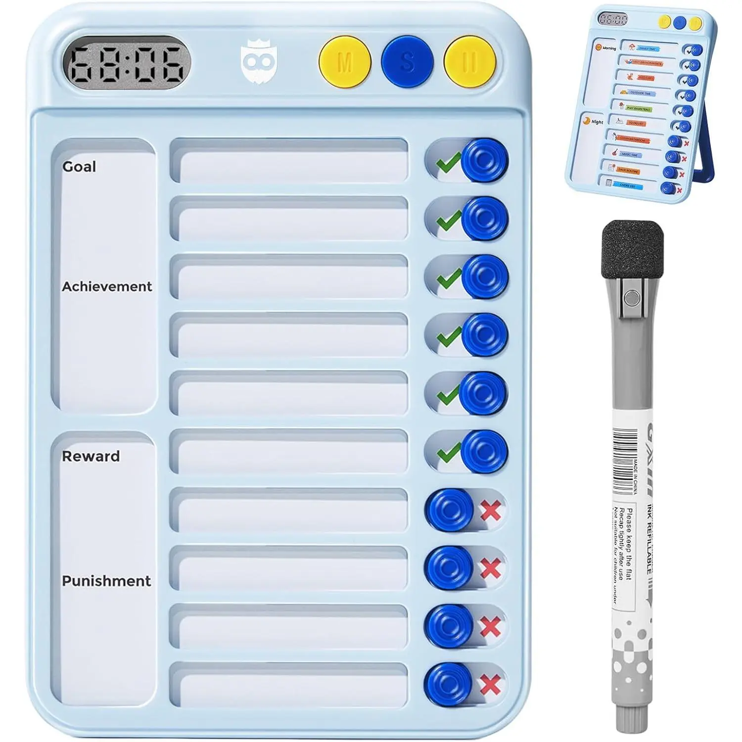 Visual Timer Chore Chart for Teens & Adults, Office Stationery Morning/Bedtime Routine Tool with 99-Min Countup/Countdown Sliders & 12 Dry-Erase Sheets (Blue)