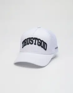 Unisex Premium Acrylic Trucker Hat - White, Embroidered "Trust God" Logo, Twill Cotton Construction, Mesh Backing, Adjustable Strap