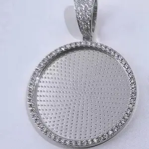 45mm Silver Iced Picture Pendant with Detailed Diamond Edge and Large Circle Shape