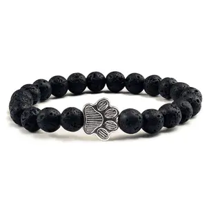 Matte Black Lava Volcanic Stone Paw Charm Bracelet For Pet Memorial Cat Dog Lovers Men Women Jewelry Gift