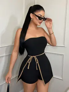 Elegant Contrast Binding Halter Romper Set, Tie Waist Cinched Waist Wrap Skirt Short Pants, European Style Chic One-Piece