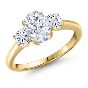 Gem Stone King 10K Yellow Gold Moissanite 3-Stone Engagement Ring For Women | 1.96 Cttw | Three Stone Wedding Engagement Anniversary Promise Ring For Women