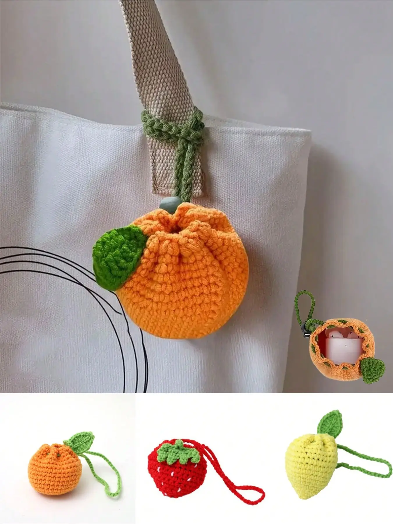 Handmade Crochet Fruit Coin Purse - Bright Orange Knitted Wallet, Strawberry Crochet Storage Bag
