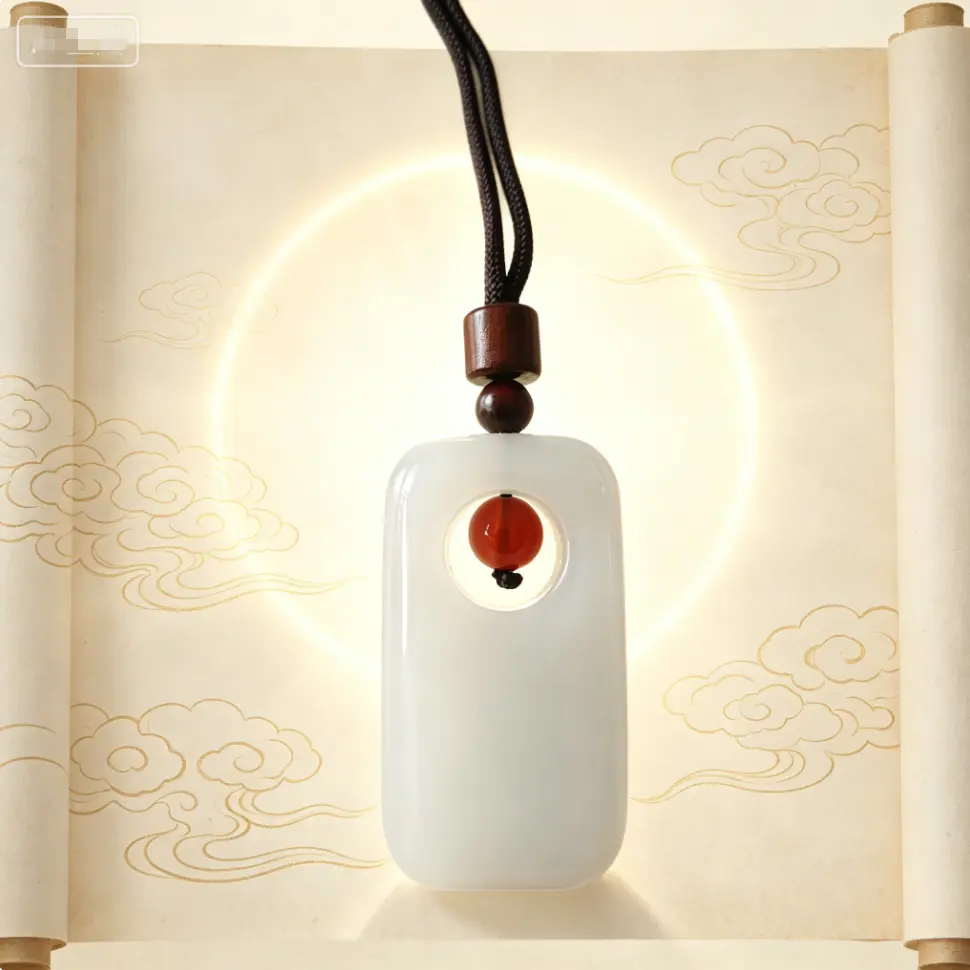White Jade Safe Buckle Pendant with PU Leather Cord for All Genders, Minimalist Buddhism Inspired Talisman for Daily Wear and Inner Peace, Bead Necklace, Taoism, Bring Inner Peace, Round Agate, Absorbs Negative Energy, Unisex
