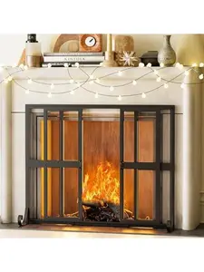 Fireplace Screen with Sliding Doors, 37.8" W x 30.7" H Handcrafted Wrought Iron Fire Spark Guard Fire Place Gate Protector for Living Room,  and Pet Safety(Large)