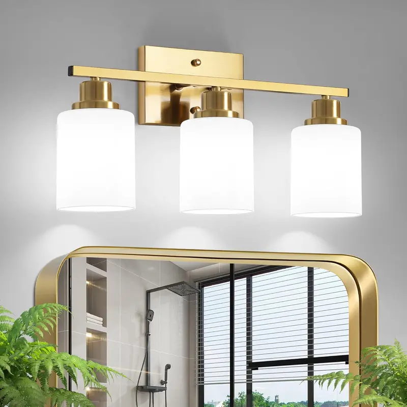 Ascher Gold 3-Light Vanity Fixture Over Mirror - Bathroom Decorative Wall Light with Milky White Frosted Glass Shades, Humidity-Ready Coat, Glare-Free Glow, E26 Base (Bulbs Not Included) for Indoor Use, Bedroom Lamps