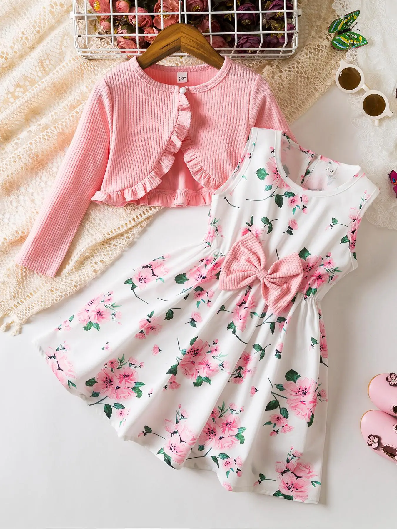 Toddler Girl's Floral Print Bow Decor Sweater Dress & Knitting Top Two-Piece Set, Cute Casual Two Piece Outfits for Daily Wear, Kids Clothing for All