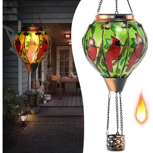 Hot Air Balloon Solar Lantern - Cardinal Bird Glass Lantern with Simulated Flickering Flame, Outdoor Hanging Yard Light  IP65 & Weather Resistant for Garden Patio Lawn Porch Decor