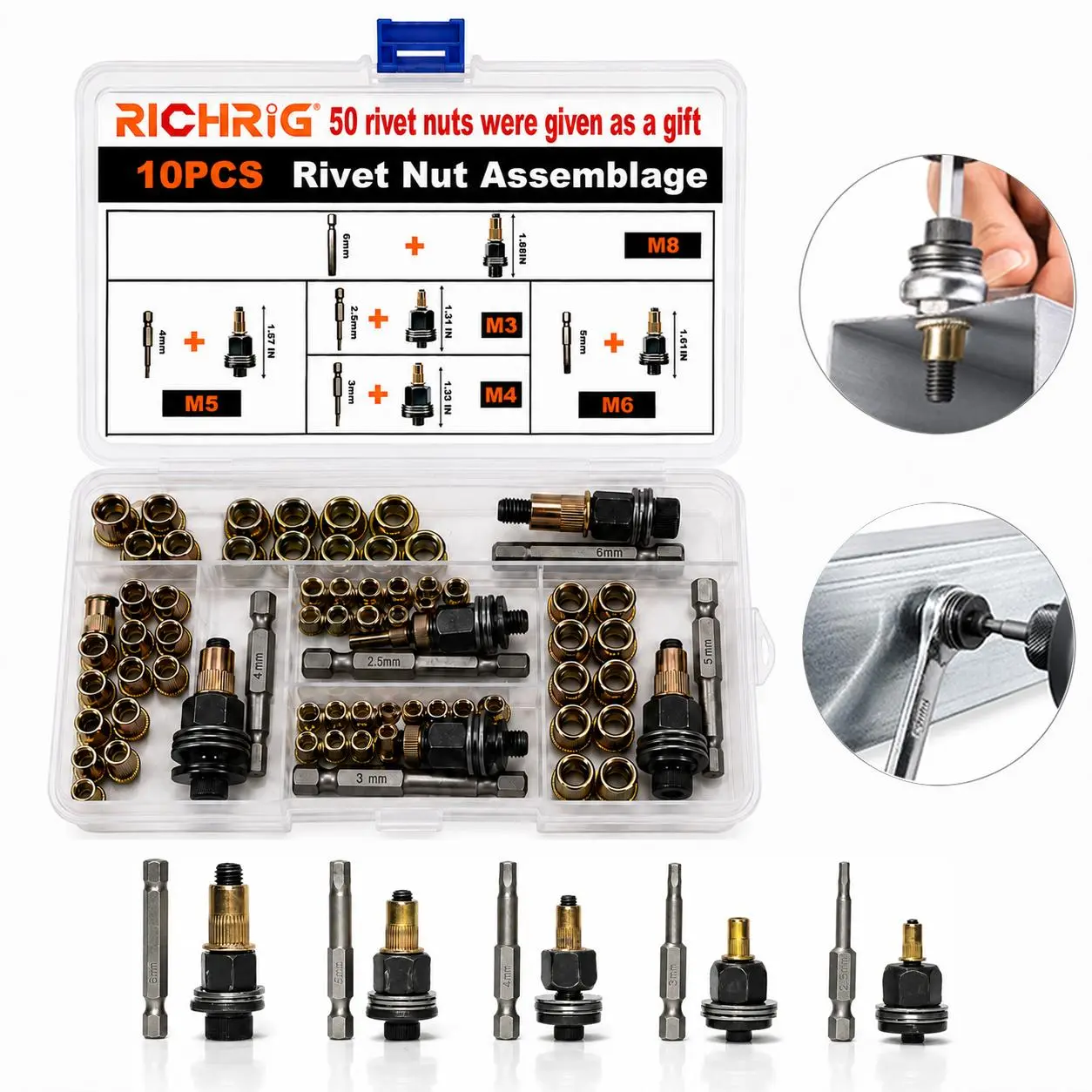 Head Rivet Nut Tool, M3 M4 M5 M6 M8 Rivnut Kit, Carbon Steel Rivnut Set, Threaded Rivet Nut Kit, Manual Riveter Rivnuts Tool Accessory for Automotive Repair Warehouses,fathersdaygift