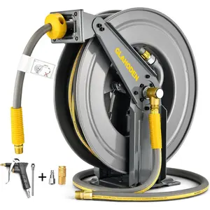 Double Arm Air Hose Reel 50 ft Retractable, 1/2 in Hybrid Hose Heavy Duty Steel Professional Air Compressor Hose Reel with 5 ft Lead in Max 300PSI Auto Rewind Quick Coupler Swivel Fitting
