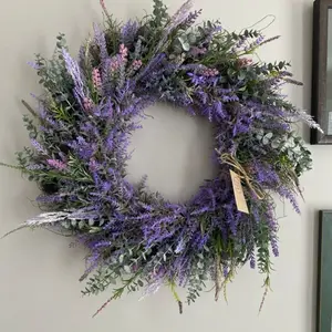 Artificial Lavender Wreath, 18-Inch Floral Wreath with Eucalyptus Leaves, Rustic Style Door Decor, Perfect for Housewarming
