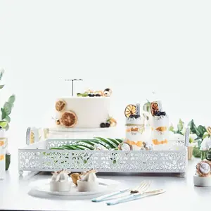 Metal Mirrored Serving Tray 16"x12" Rectangle White Fleur De Lis Design with Handles - French Inspired Decorative Vanity Tray Centerpiece