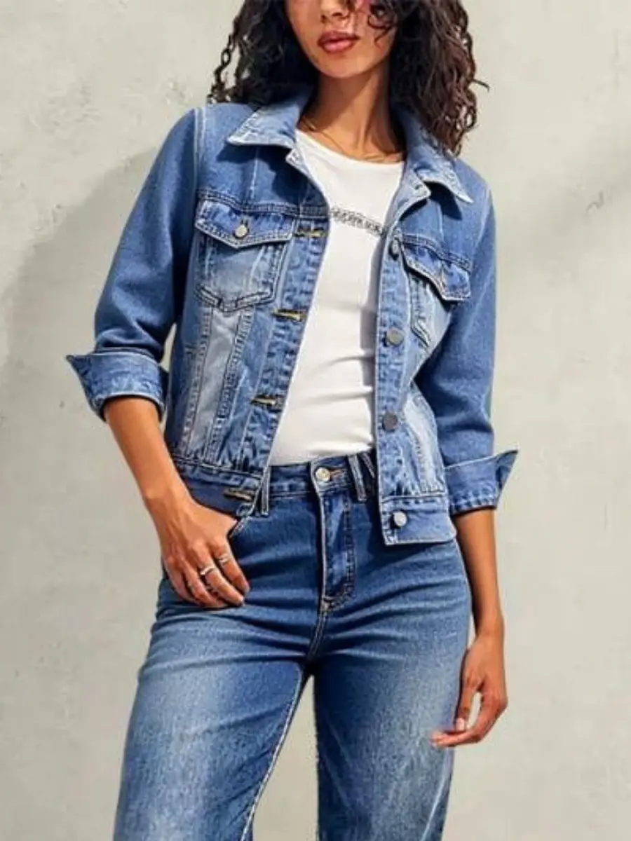 Women's Basic Denim Jacket - Casual Long Sleeve Outerwear with a Structured Fit for Petite Frames and Everyday Wear, Tops, T-Shirt, Coats, Bottoms,clothes for back to school,first day of school outfits