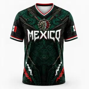 2026 New Mexico Eagle Warrior V-Neck Sports Jersey, Aztec Calendar Graphic Short Sleeve Shirt for Men, Green Black Soccer Fan Tee