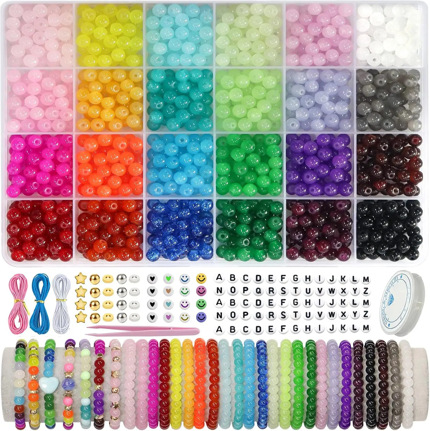 6mm Glass Beads for Bracelets 1400pcs, 24 Colors Round Crystal Glass Bracelet for Jewelry Making Kits Bead DIY Crafts with Spacer Charms Accessories (6mm, 24Color)