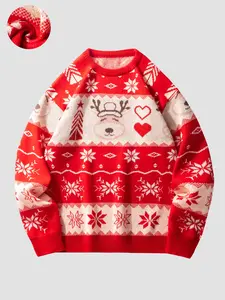 Cute Christmas Reindeer Ugly Sweater - Red & Cream Snowflake Pattern Crew Neck Knit Pullover, Festive Holiday Party Sweater, Unisex Winter Season Essential