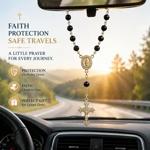 Catholic Rosary Car Charm, Black Bead Cross Rearview Mirror Hanging Ornament, Faith Car Accessories, Religious Gift for Women