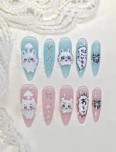 Pastel Kawaii Character 3D Press On Nails | C-Chiikawa-a Blue Pink Handmade Cute Nail Set | Glossy Reusable Fake Nails for Beaches, Summer, Holiday, Vacation, Birthday
