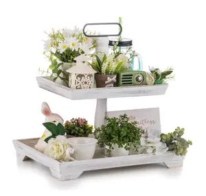 Nuptio Farmhouse Decorative Tray: 2 Tiered Tray Decor for Kitchen Counter Decor Table Easter centerpiece, Whitewash
