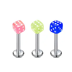 HERVAY 16G/8MM Stainless Steel Dice Lip Stud - Pink Barbell (Blue/Pink/Green) + Cute Punk Vibe - Suitable for Rook/Helix/Daith/Medusa/Vertical Labret/Ear/Nose - Unisex Piercing Jewelry