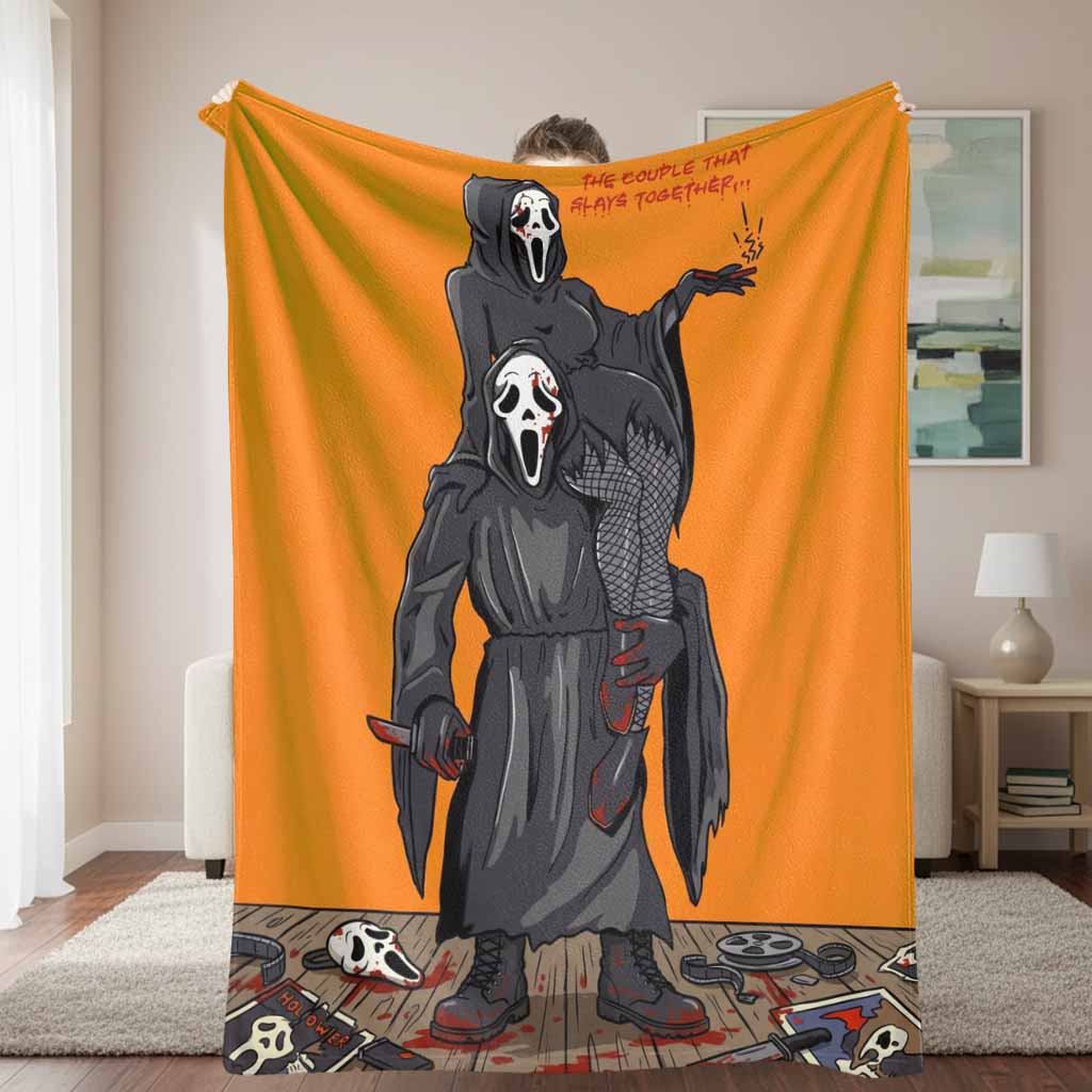 Couple Ghost Mask Flannel Blanket Horror Movie Art Print Design Soft Warm Plush Throw Cozy Decorative Home Blanket Perfect for Halloween Party Bedroom Decor Movie Night Unique Gift for Fans