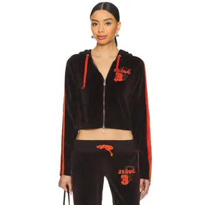 Jaded London Three Velour Hoodie in Brown