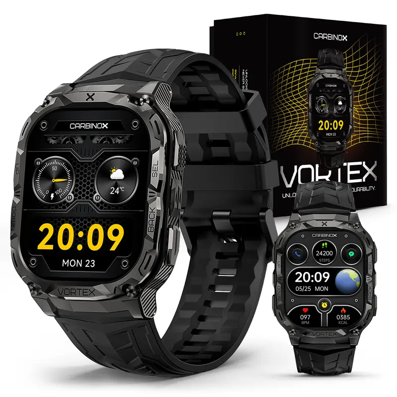 Carbinox Vortex Smart Watch Rugged Waterproof Bluetooth Fitness Tracker Compatible with Android & iOS Phone Devices Wearable Alloy Screen - Usb
