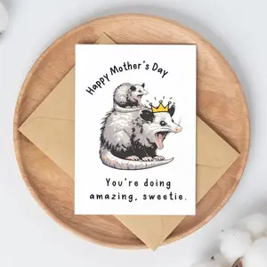 Funny Mothers Day Card for her | cute opossum card | gift for new mom | card for friends | feral mama working mom card for daughter for wife