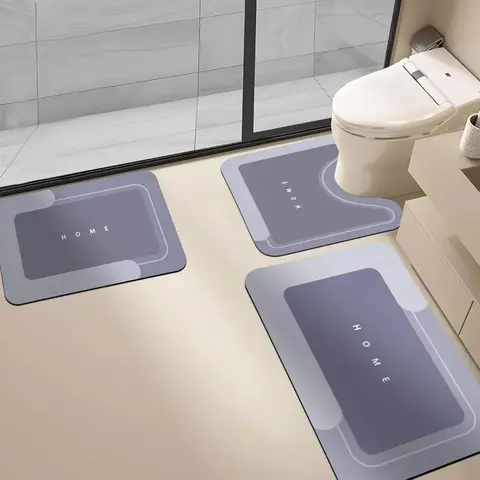 3-Piece Diatomite Bathroom Mat Set - Nonslip Shower Mat, Toilet Rug Set, Quick-Dry Geometric Rectangle, Water-Absorbent, Durable, Steady, Dustproof, Fall Prevention, Machine Washable, Floor Seep Blocking Modern Minimalist Home Supplies