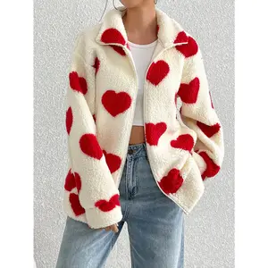 Shiny Velvet Women's Clothing Autumn Winter New Plush Heart Print Loose Long Sleeve Zipper Cardigan Jacket