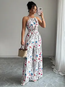 European Style Floral Wide Leg Jumpsuit, Halter Tie Neck, Knot Waist Design, Drapey Smooth Fabric, Loose Fit, Casual Chic Look