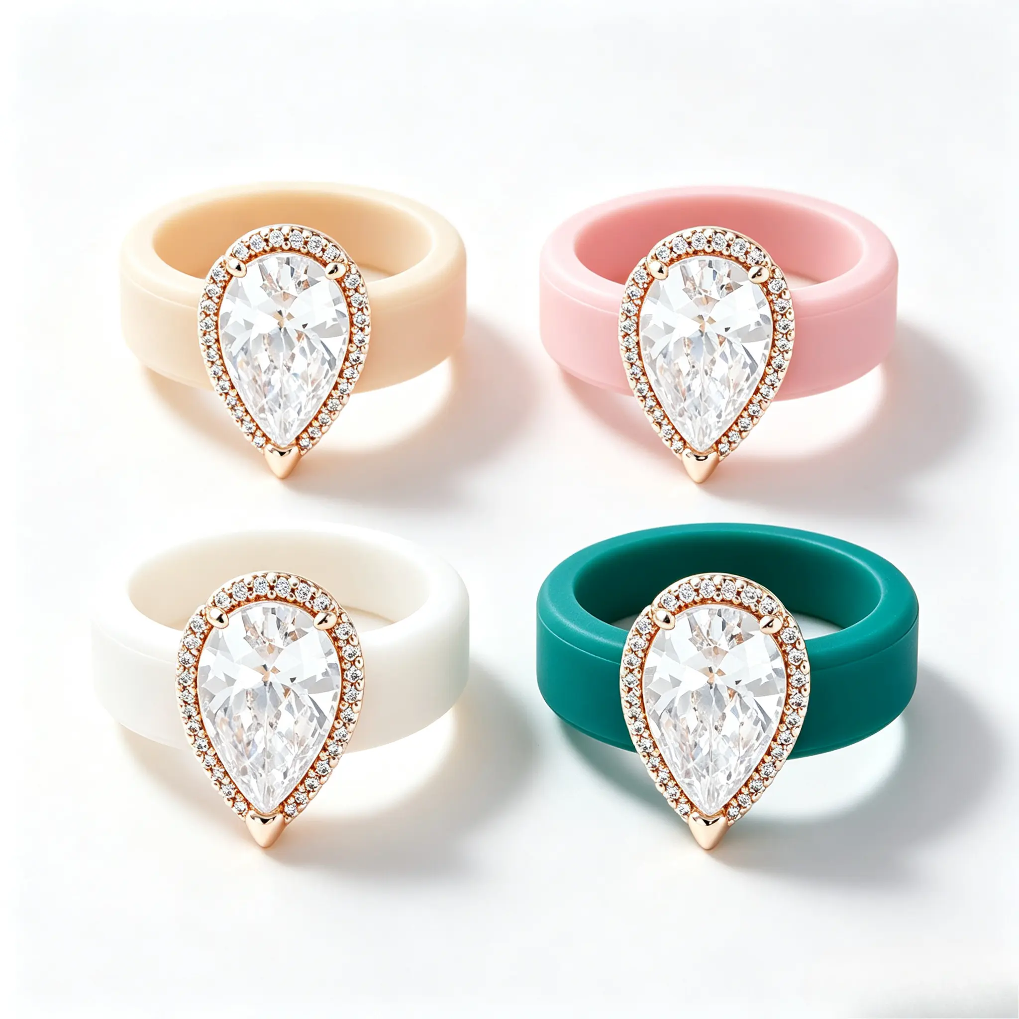 Women's Pear-Shape Cubic Zirconia Halo Silicone Ring, Rose Gold-Plated Elegant Statement Wedding Band, Soft Flexible Comfort-Fit Sport Ring with Multi-Colors Available
