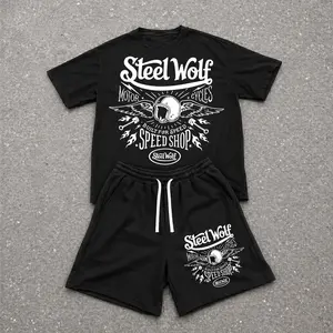 Men’s Summer 2 Piece Set, Steel Wolf Hiphop Street Style Letter Print Short Sleeve T Shirt and Drawstring Shorts Matching Outfit, Lightweight Breathable Casual Set for Travel, Streetwear, Beach, Vacation, and Daily Wear