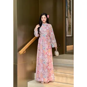 Pink Floral Sequin Shift Vietnamese Modern Ao Dai No Pants | Áo Dài Cách Tân C9