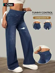 Women's High Waisted Flare Denim Jeans, Wide Leg Bell Bottoms, Casual Plain Long Pants, Slim Fit Elastic Waist, All Seasons