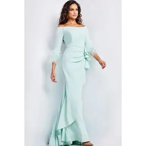 Jovani -24195 Quarter Sleeves Feathered Evening Dress