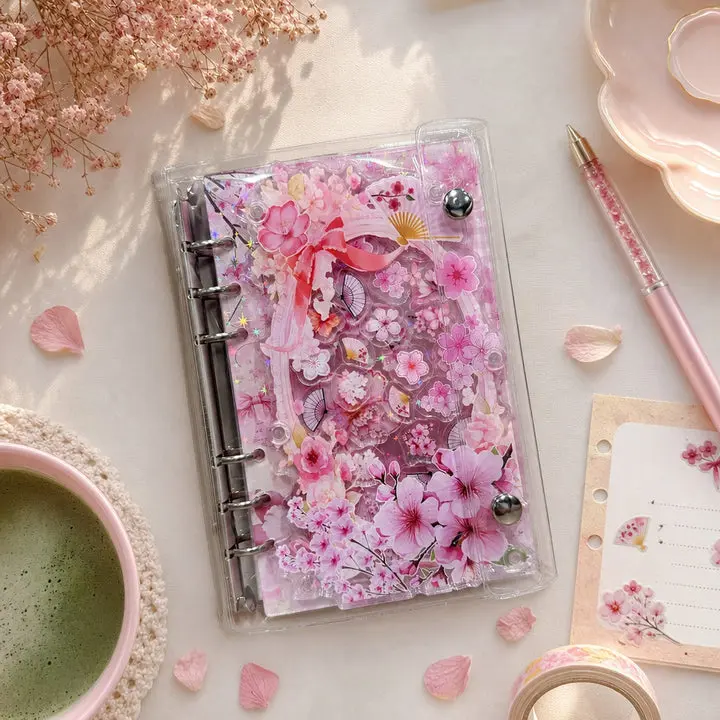A6 Refillable Shaker Binder Notebook with Cherry Artwork Shaker Detail, Acrylic Panel, Page Replacement, Photo Sleeves - Planner Organization, Spring Mood Gift-Ready Office & School Stationery, Binder Notebooks