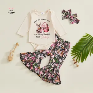 Infant Girl Fall 3Pcs Clothing Set, Letter Deer Print Long Sleeve Romper with Flare Pants & Headband
