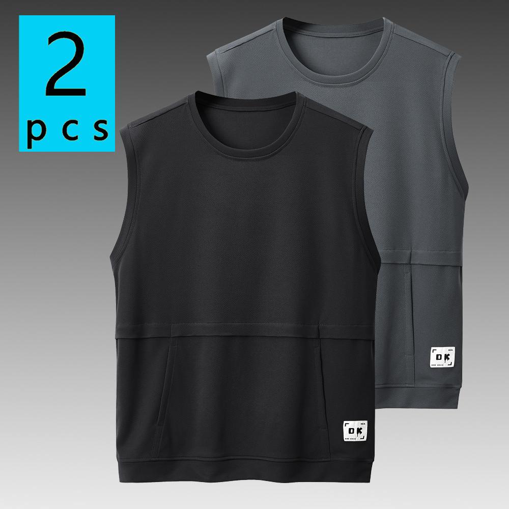 Pack of 2: summer men’s casual sleeveless tank top; lightweight sports/outdoor running fitness wear; men’s tank top T-shirt with pockets; bright colors; versatile solid-color crew-neck sleeveless tank top.
