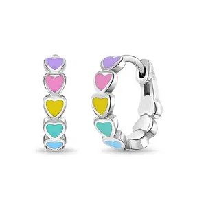 Heart Cascade 9mm Toddler / Kids Earrings Hoop/Huggie Enamel Safety Latch - Sterling Silver