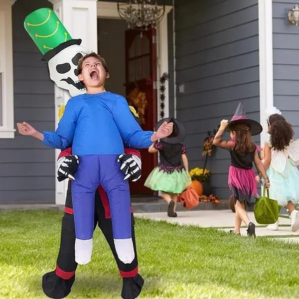 Halloween Inflatable Carried-Away-by-Skeleton Reaper Costume for Kids | One Size Fits Most Children, Dual power Mode(USB/AA), Waterproof Polyester with Elastic Cuffs,Quick Inflate & Compact Storage