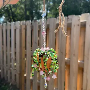 Beaded Plant Sun Catcher - Green and Pink Beaded Design with Hanging Charm