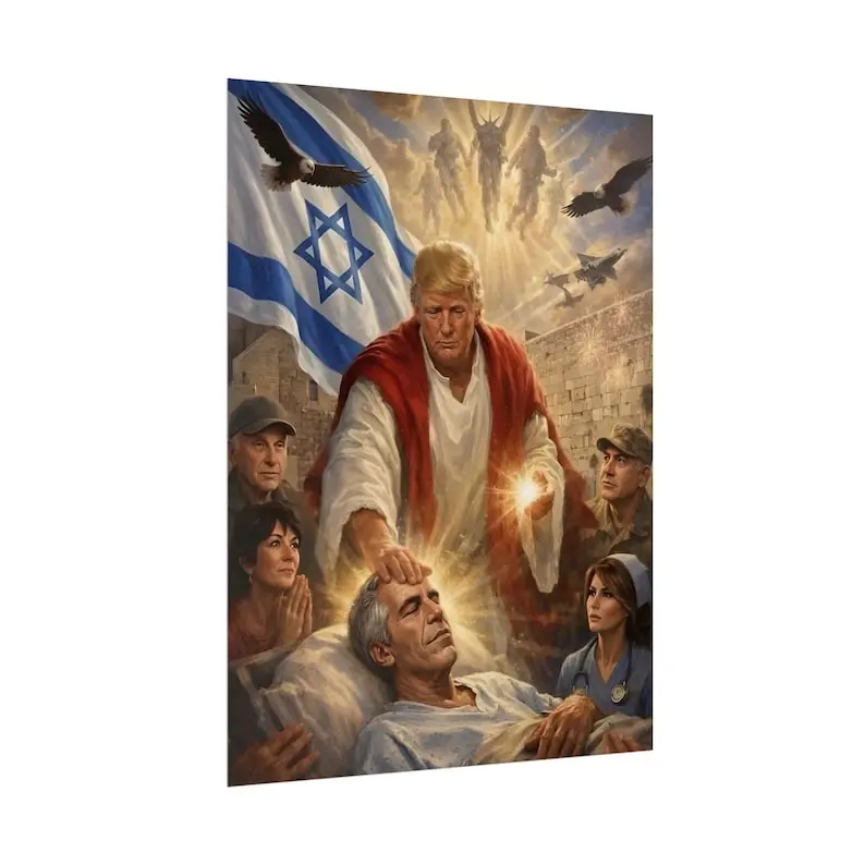 Trump as Jesus Healing the Sick Epstein Meme Poster - Promised to Me 3000 Years Ago Political Satire  popular satire anti trump