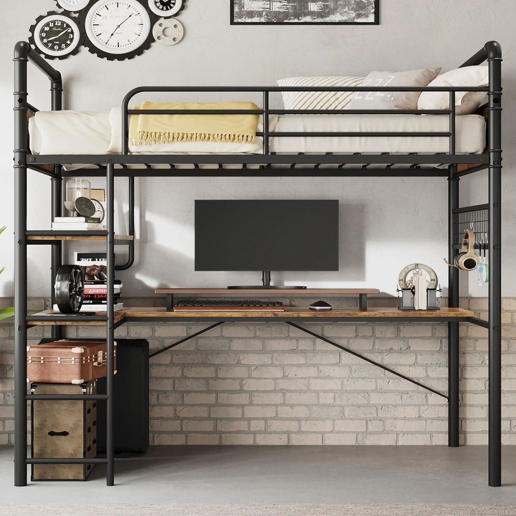 Bunk Bed Twin Over Twin Size with Desk,Loft Bed with Desk Underneath,Loft Beds with High Guardrail and Ladder for Kids,Vintage Brown