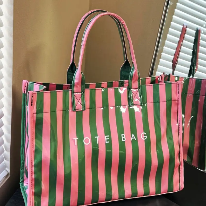2026 Fall Winter New Colorful Striped Glossy Tote Bag, Large Capacity Waterproof PVC Handbag, Casual Shoulder Bag for Students and Commuters, Colorblock Pattern Bag, Everyday Tote Bag, Shoulder Totes, Casual Fashion Bag, Daily Commuter Bag