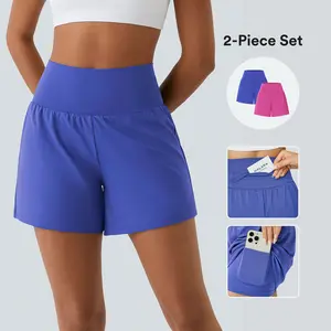 Halara 2-Piece Super High Waisted Back Pocket & Side Hidden Pocket 2-in-1 Yoga Shorts Set 5''-Longer Length