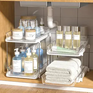 2 Sets of 2-Tier Multi-Purpose Bathroom Under Sink Organizers and Storage, Stackable Pantry Organization, Pull Out  Cabinet with 8 Movable Dividers