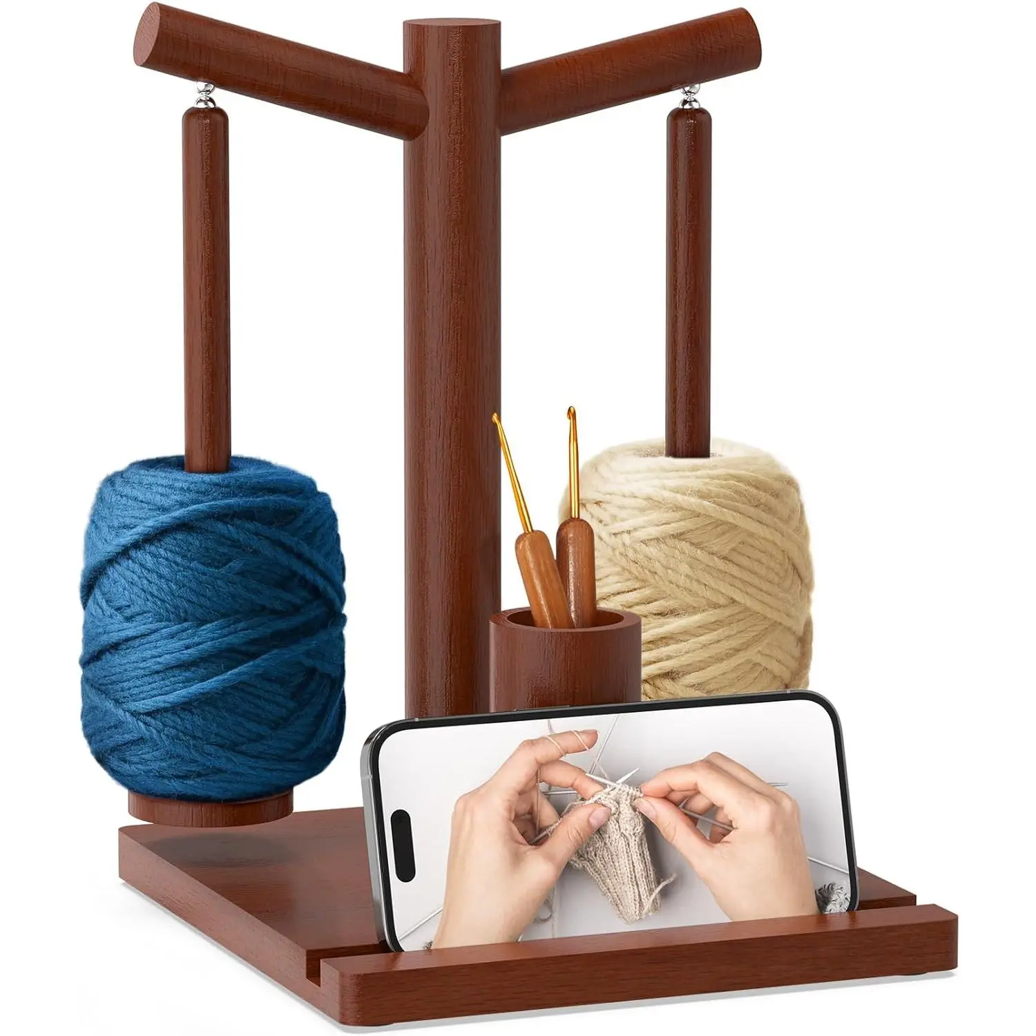 Wooden Yarn Holder with 2 Spindles - Upgraded Magnetic Rotating Spinner, Rotates No Battery Needed, 10.63x7.85x2.86in Yarn Storage Solution for Crochet Enthusiasts